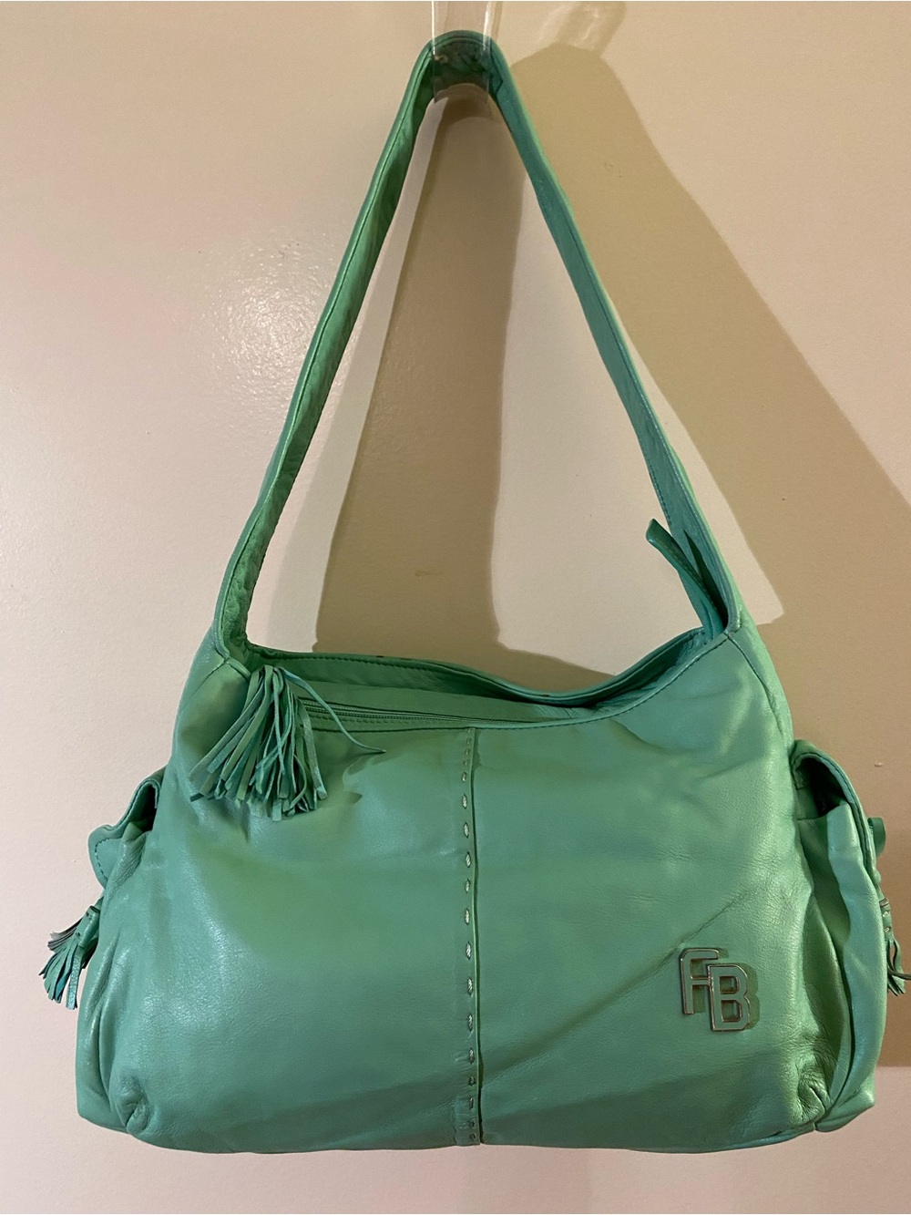 Francesco Biasia Mint Green Leather Shoulder Bag with Tassel